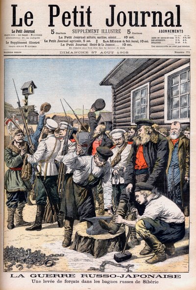 Domfelte i Sibir blir vervet til å kjempe i den russisk-japanske krigen. Russisk-japanske krig. En økning av forkatt i de russiske bagnes i Sibir. Illustrasjon for Le petit Journal, 27. august 1905. av French School