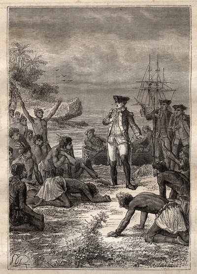 Cooks mottakelse av de innfødte - Tredje reise til James Cook - Cook velkommen av de innfødte - Tredje reise til James Cook i Stillehavet - illustrasjon hentet fra "The Great Mariners of the 18th century" av Jules Verne av French School
