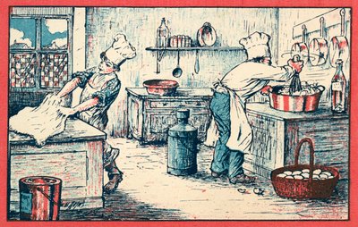 Kokker som jobber på kjøkkenet (chromolitho) av French School