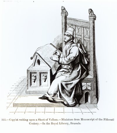 Copyist Writing upon a Sheet of Vellum, fra et manuskript, illustrasjon fra Science and Literature in the Middle Ages and the Renaissance, skrevet og gravert av Paul Lacroix, 1878 (bw s. av French School