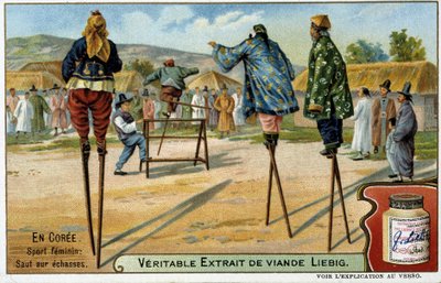 Coree: kvinnelig sport å hoppe på stylter - chromo Liébig, v.1900 av French School