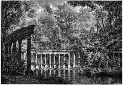 Korintisk søylegang rundt det ovale bassenget i Parc de Monceau, Paris av French School
