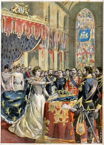 Coronation of Queen Wilhelmina of the Netherlands. Coronation of Queen Wilhelmine of Holland (1880-1962) (Wilhelmina Helena Pauline Maria van Oranje-Nassau) in the Nieuwe Kerk in Amsterdam - Illustration for Le petit Journal av French School