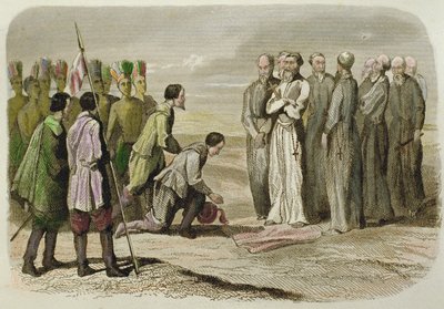 Cortes ved føttene til Martin de Valencia (håndfarget gravering) av French School