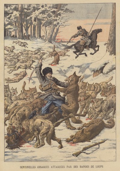 Kosakkvakter angrepet av ulveflokker i Manchuria av French School