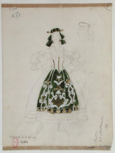 Kostymedesign for operaen Cavalleria Rusticana av Pietro Mascagni (1863-1945) (blyant og wc på papir) av French School