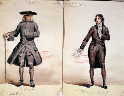 Kostymedesign for den første produksjonen av Chatterton av Alfred de Vigny (1791-1863): Quaker og Geffroy som Chatterton, 1835 (wc på papir) av French School