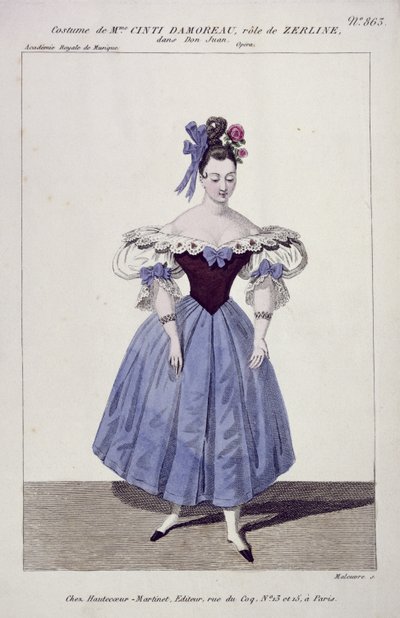 Kostyme for Madame Cinti Damoreau i rollen som Zerlina i Don Giovanni, gravert av Maleuvre, trykt av Hautecoeur-Martinet av French School
