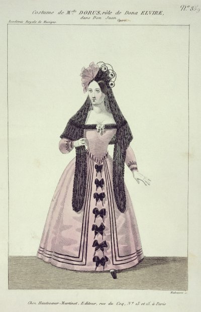 Kostyme for Mademoiselle Dorus i rollen som Donna Elvira i Don Giovanni, gravert av Maleuvre, trykt av Hautecoeur-Martinet av French School