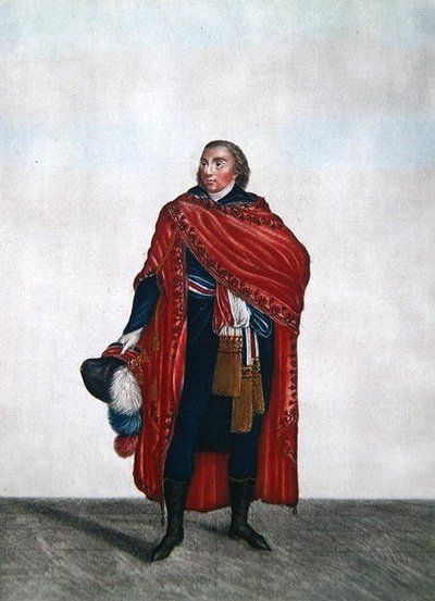 Kostyme til en representant for folket under Directoire-perioden, ca. 1797 (farget gravering) av French School