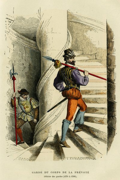 Kostyme til livvakten til prevoten, etterfulgt av en offiser av vaktene (1574 a 1589). Fargegravering, i «France et les francais a travers les siecles»» av Augustin Challamel, F.Roy-redaktør, Paris 1882. Selva-samlingen. av French School