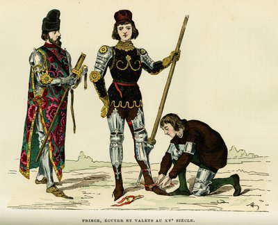 Kostymer til prinsen, av hans ecus og hans betjent, på 1400-tallet. Fargegravering, i «France et les francais a travers les centuries»» av Augustin Challamel, F.Roy-redaktør, Paris 1882. Selva-samlingen. av French School