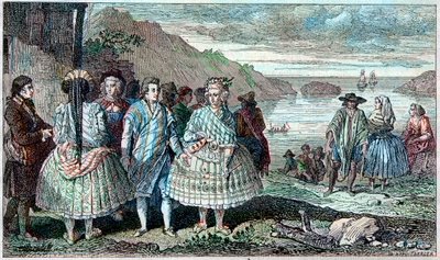 Costumes of the inhabitants of La Conception (Chile) - Atlas du Voyage de La Perouse (Laperouse) around the world during the years 1785-1788, Paris 1797. av French School