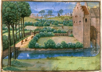 Cott Aug A V f.345v Flamsk landskap med en vannmølle i forgrunnen og en vindmølle i bakgrunnen, fra 