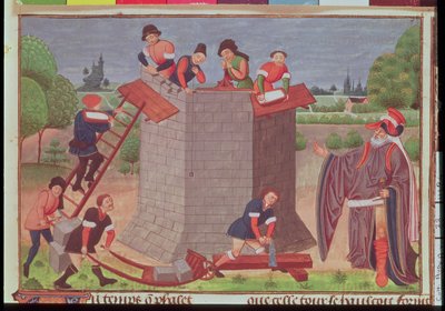 Cott Aug V fol.22 Building the Tower of Babel, miniatyr fra 