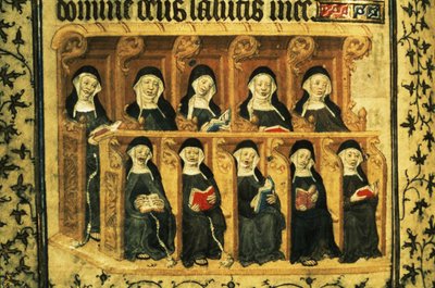 Cott Dom A XVII f.74v Nonner i en korbod, fra Henrik VIs Psalter, Paris av French School