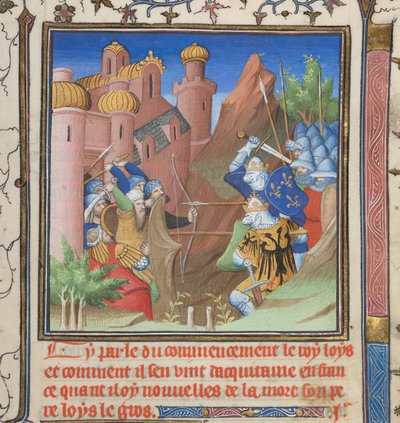 Cotton Nero E II pt.1, f.222, Slaget ved Louis VII og hans far, fra Grandes Chroniques de France av French School