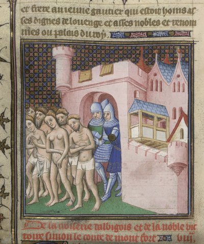 Cotton Nero E. II pt.2, f.20v Utvisning av albigenserne fra Carcassone i 1209, fra 