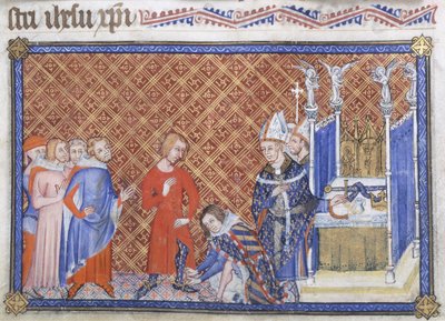 Cotton Tiberius B VIII f.48v Filip den dristige, hertugen av Burgund vester kong Charles V med sporene, illustrasjon fra 