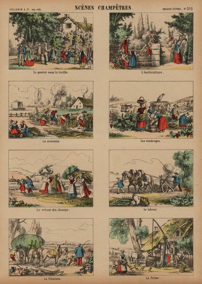 Landlige scener (farget gravering) av French School