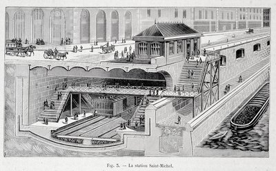 Seksjon av St Michel metrostasjon i Paris i ""La nature"" 1899 av French School