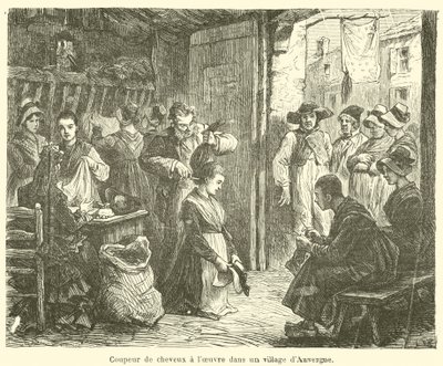 Frisør på jobb i en landsby i Auvergne (gravering) av French School