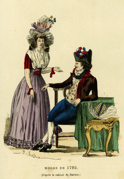 Par i mote fra 1792. Fargegravering etter tegningen av Harlems kabinett, i “France et les francais a travers les siecles”” av Augustin Challamel, F.Roy-redaktør, Paris 1882. Selva Collection. av French School