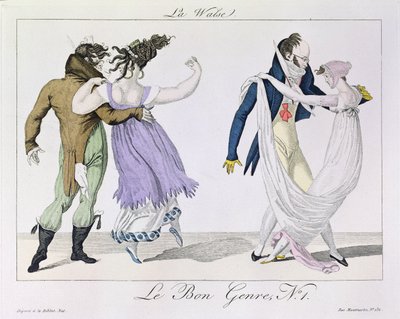 Par danser valsen, fra Le Bon-sjangeren, ca. 1810 av French School