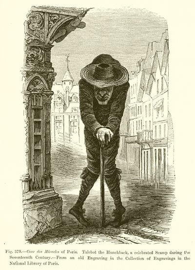 Cour des Miracles i Paris. Talebot the Hunchback, en berømt Scamp i løpet av det syttende århundre av French School