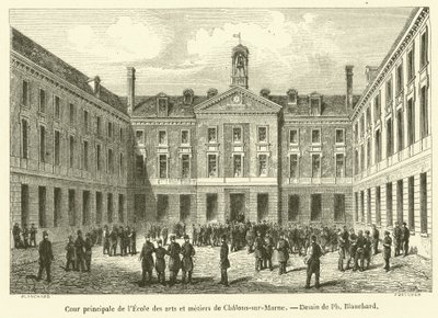 Hovedgårdsplassen til School of Arts and Crafts i Chalons-sur-Marne (gravering) av French School