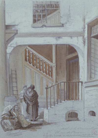 Gårdsplass og laboratorium til Marquise de Brinvilliers, 28 rue de Bievre, Paris (kritt og gouache på papir) av French School
