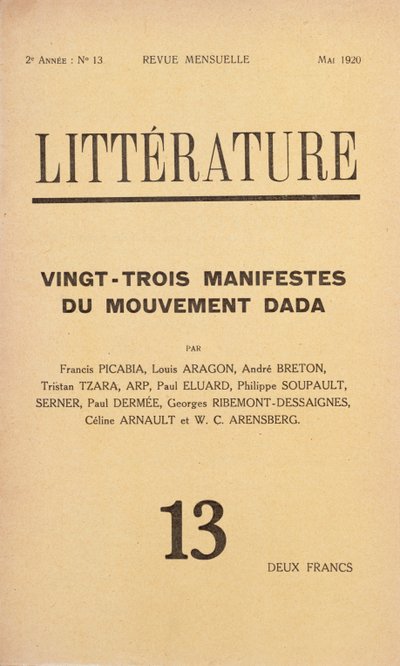 Cover of Literature månedlig litterært magasin viet Dada-bevegelsen, mai 1920 av French School