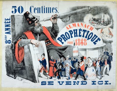Omslag til en profetisk almanakk som viser Nostradamus (1503-66) 1848 av French School