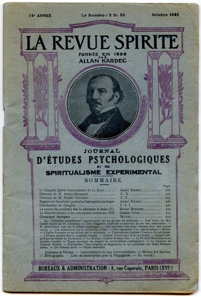 Forside av en rekke "" La revue spirite "", portrett av grunnlegger Allan Kardec, magasin fra oktober 1931 av French School