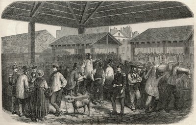 Lager slakterkjøtt på markedet i rue des Prouvaires i 1. arrondissement i Paris - Gravering i "Tableau-de-Paris"" av Edmond Texier 1852 av French School