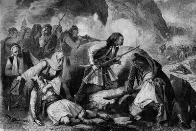 Cretan revolt (1866-1869), insurrection of the Cretan population against the Ottoman occupation: engagement between the Candiotes (inhabitant of the island of Candia or Crete) and the Turks av French School