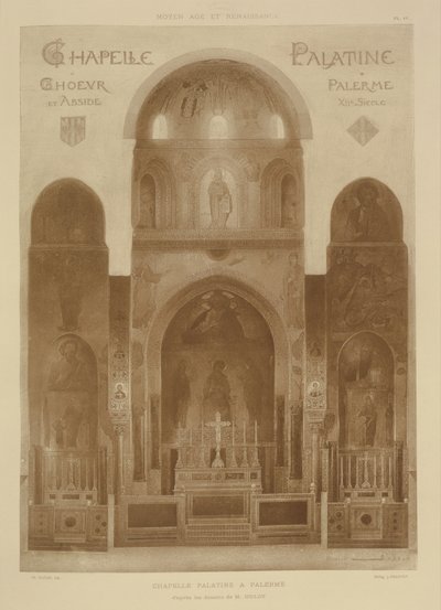 Tverrsnitt fra østenden av Palatinerkapellet, Palermo, Sicilia, fra Fragments dArchitecture du Moyen Age et de la Renaissance, gravert av Jules Adolphe Chauvet (f.1828) av French School