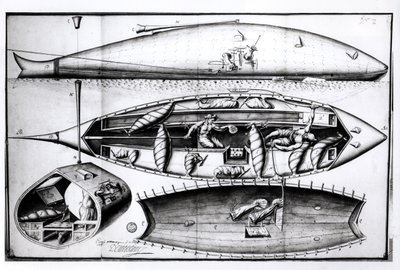 Tverrsnitt av en ubåt, fra et manuskript, mars 1689 av French School
