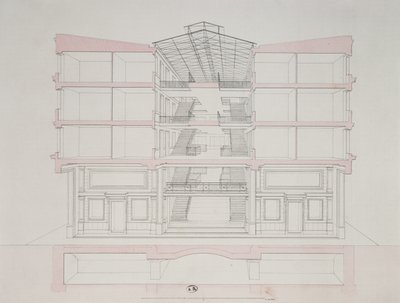 Tverrsnitt av et hus i Napoleon boligutvikling, 58 rue Rochechouart, Paris, 1849 av French School