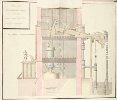 Tverrsnitt av en dampmaskin for å trekke ut vann fra gruver, ca. 1760 (penn og blekk og wc på papir) av French School