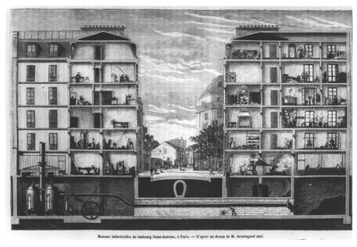 Tverrsnitt av industrihus ved Faubourg Saint-Antoine i Paris, illustrasjon fra Le Magasin Pittoresque, 1885 av French School