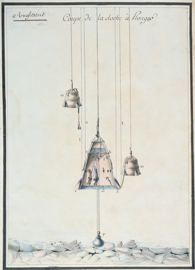 Tverrsnittstegning av en dykkerklokke, 1785 (wc på papir) av French School