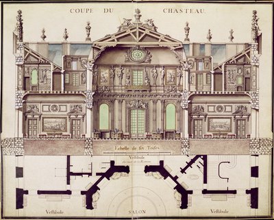 Tverrsnittsplan av Chateau de Marly, 1714 av French School