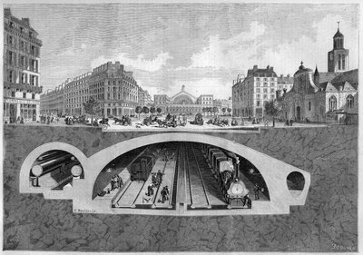 Tverrsnitt som representerer det underjordiske jernbaneprosjektet i Paris, fra Vilette til de sentrale hallene, i 1861. Gravering i “” Le Monde Illustré”” nr. 213 av 11. mai 1861. av French School