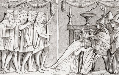 Kroning av Sigismund som den hellige romerske keiser av pave Eugene IV i 1433, fra L"Histoire Universelle Ancienne et Moderne, utgitt i Strasbourg ca. 1860 av French School