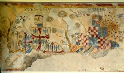 Korstog: avgang fra Knights for the Crusade: representasjon av Saint George og Hugh I av Vermandois (1057-1102) (?) eller Hugh XII av Lusignan (?). Detalj av en fresco av Saint Jacques de Gueret av French School