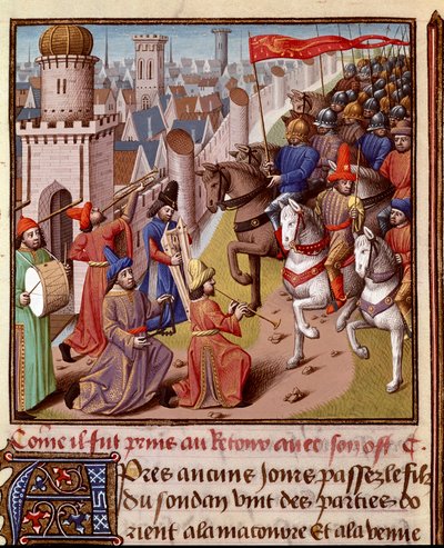 Korstog: retur av den franske hæren i Det hellige land. Miniatyr i "" Le miroir historial"" (Speculum Historiale) (ms. 1196, fol. 372) av Vincent de Beauvais (1190-1264) oversatt til fransk av Jean de Vignay av French School