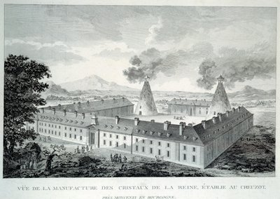 Krystallverk av dronning Marie Antoinette på Creusot nær Moncenis i Burgund. Gravering fra 1787. Le Creusot, Ecomusee av French School