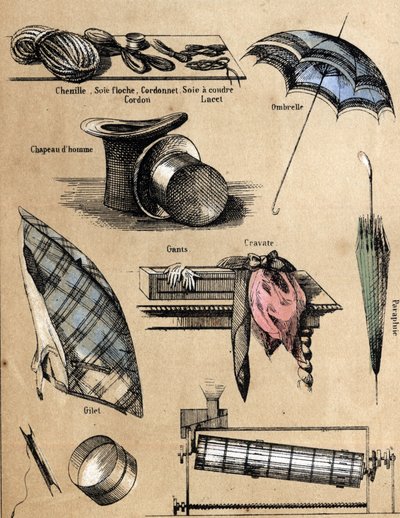Beschreibung der Kultur und Seidenprodukte: Zubehör und Gegenstände (Handschuhe, Hüte, Regenschirm, Weste, Sieb, Angelschnüre, Nähgarn, Kordel). Tafel „Die Seide“ in „les Recreations instructives“ Synoptisches Gemälde von Jules Delbruck, Gravur von 1860. P von French School