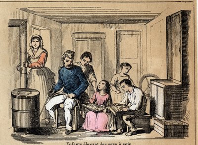 Culture description and silk products: children raising silkworms. Plate “” la soie”” in “” les Recreations instructives”” Synoptique painting by Jules DELBRUCK, engraving from 1860. Private collection. av French School